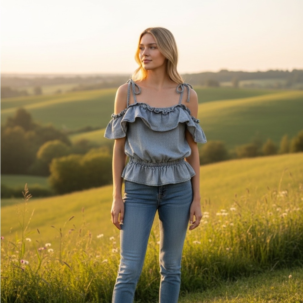 American Eagle Off Shoulder Denim Ruffle Top Boho Blouse - Picture 2 of 5